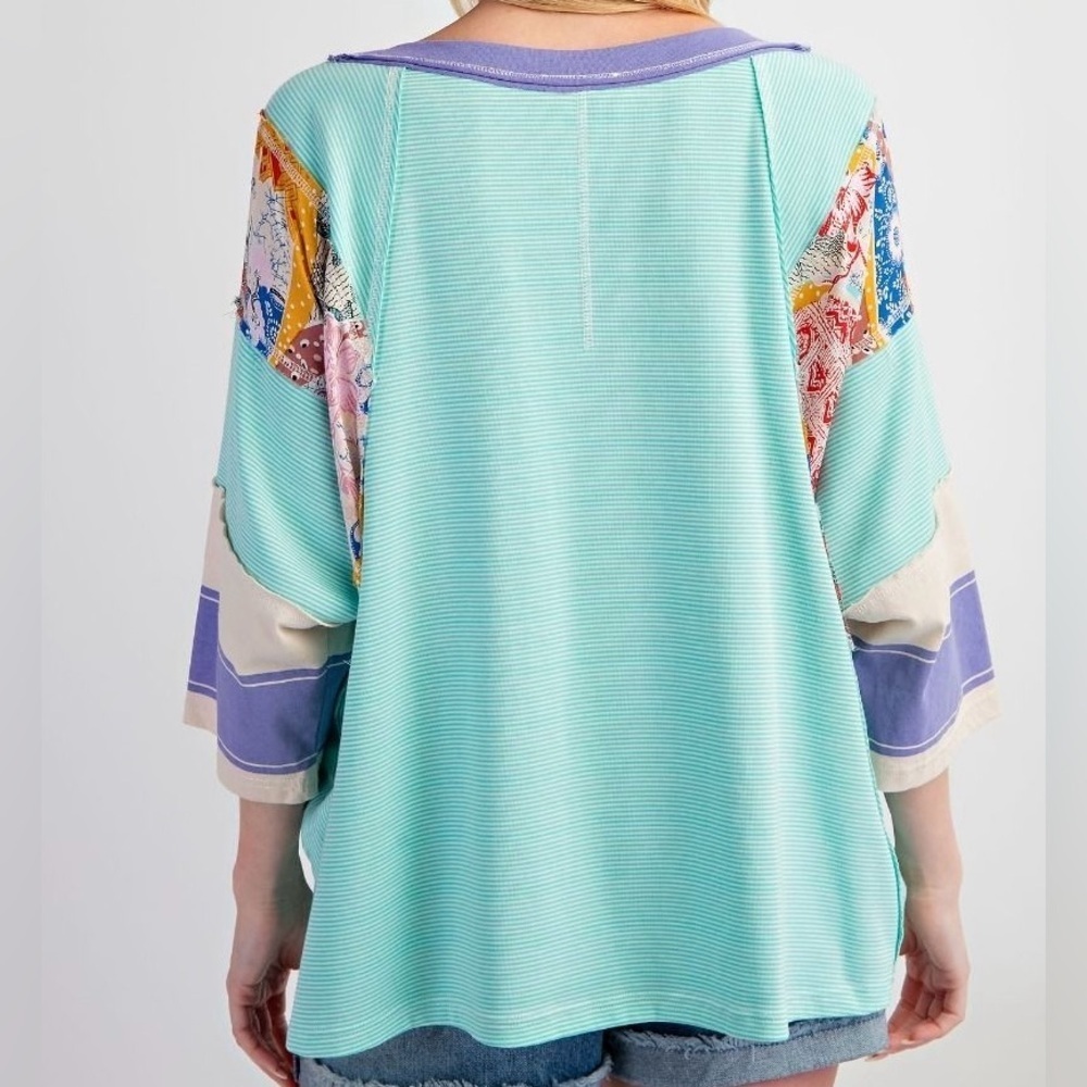🔥🔥New BoutiquePin Stripe Mix Print Loose Fit Knit Top - Picture 2 of 5